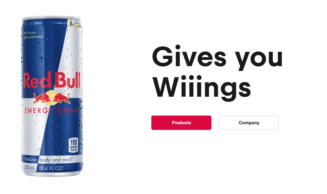 A RedBull can next to the text "Gives you Wiiings" with a Products button and Company button