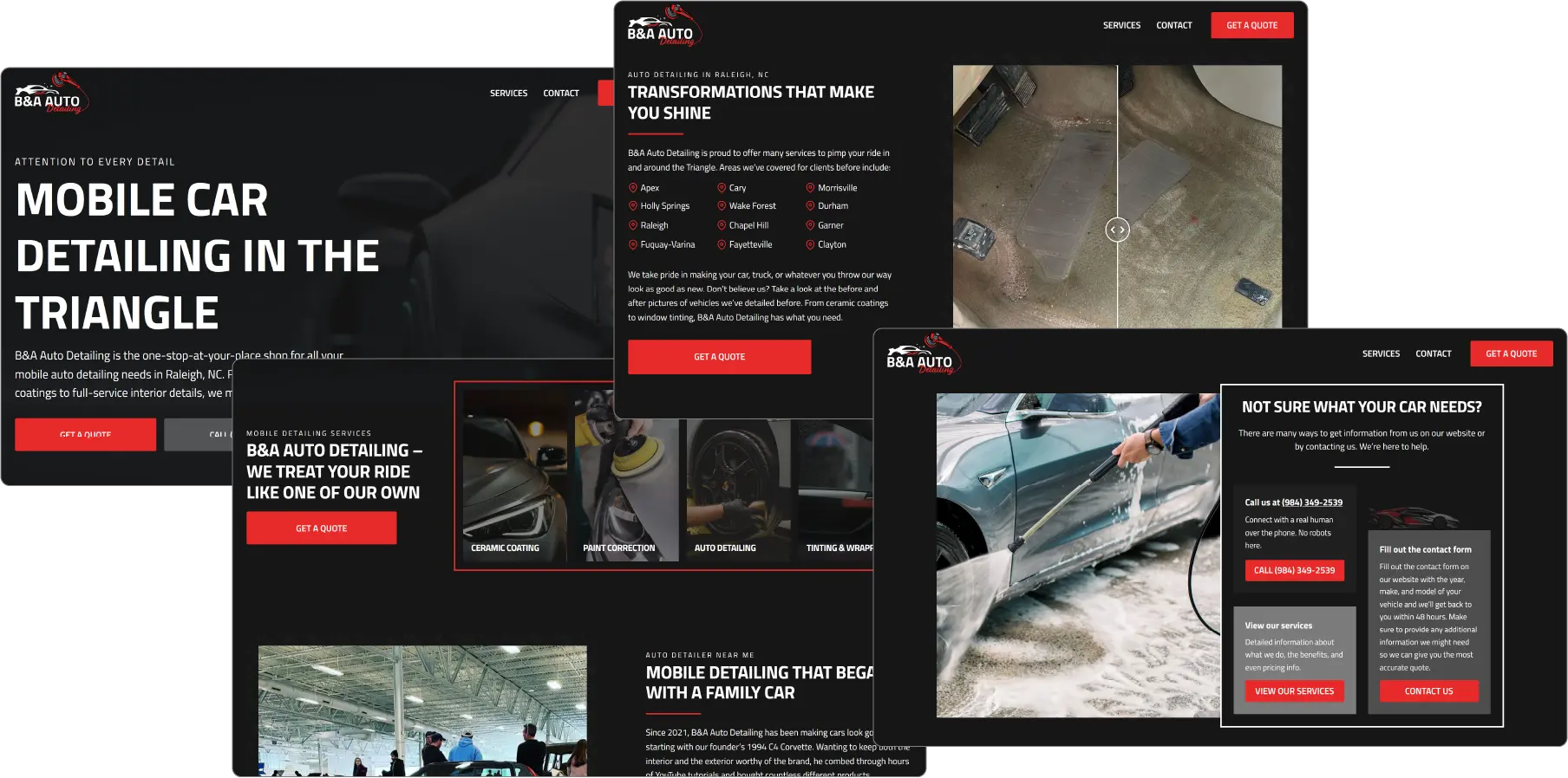Screenshots of B&A Auto Detailing's homepage. One headline reads "Mobile Car Detailing in the Triangle"