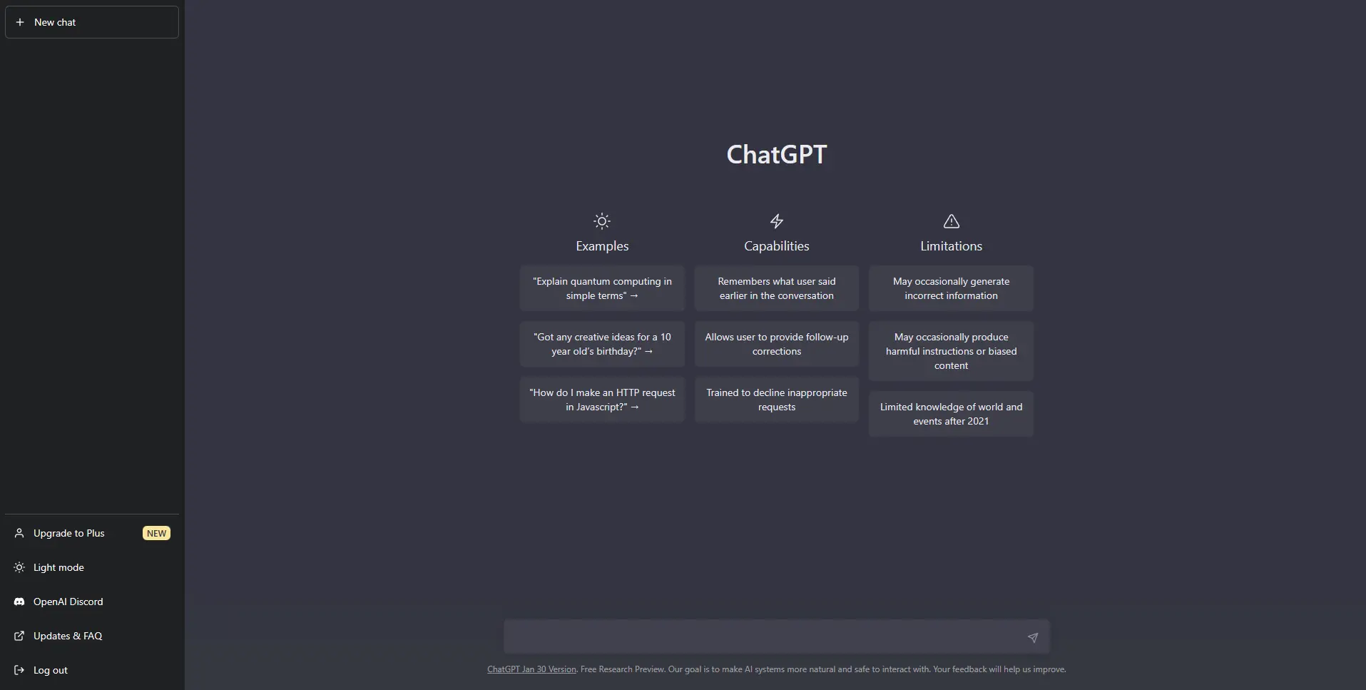 ChatGPT interface with three panels: Examples, capabilities, and limitations