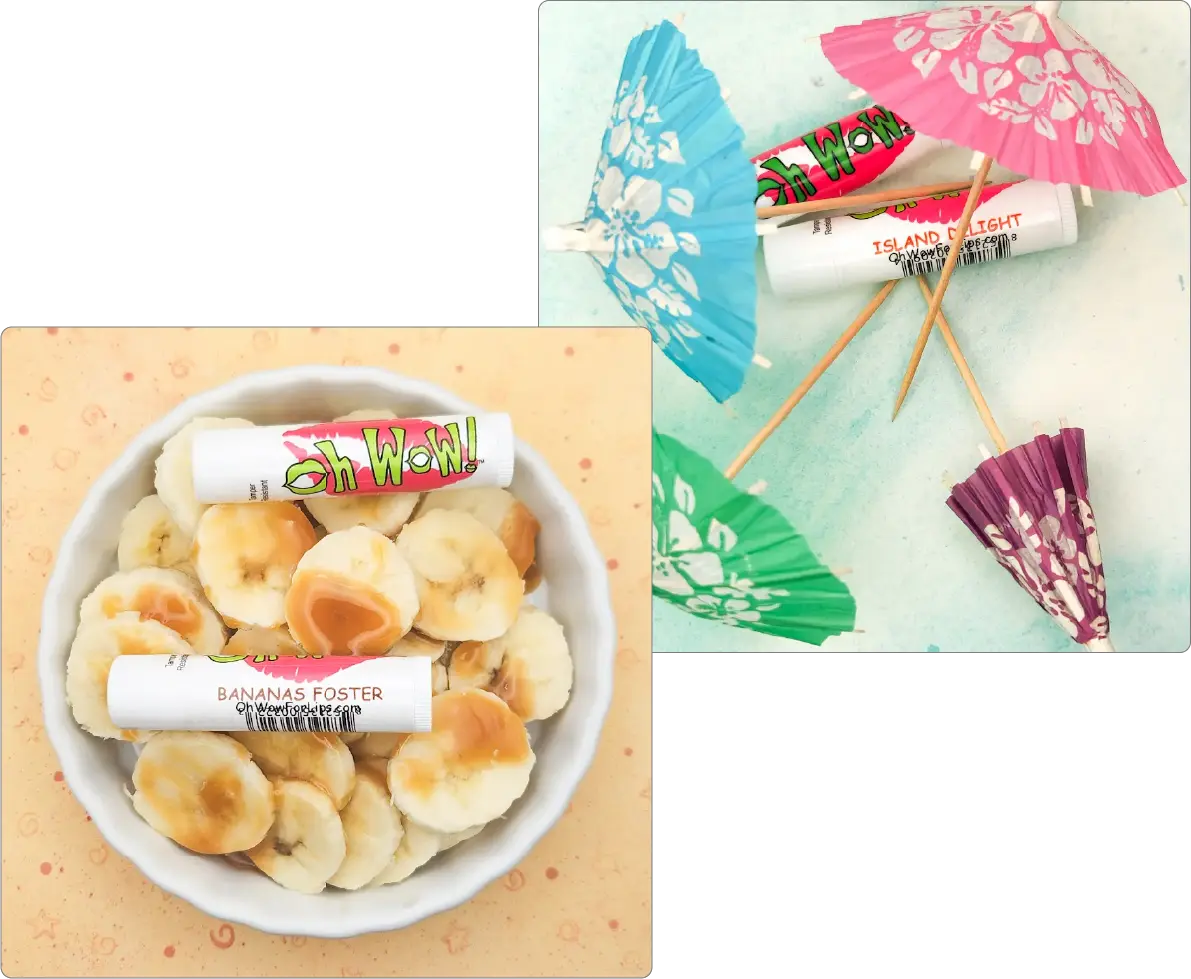 Picture of Oh WoW! lip balm in two flavors: Bananas Foster and Island Delight